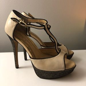 Tan with Black glitter bottom pumps